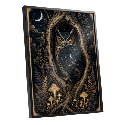 Midnight Owl Hollow, black, blue, gold nature wall art shown as a black framed poster wall art print