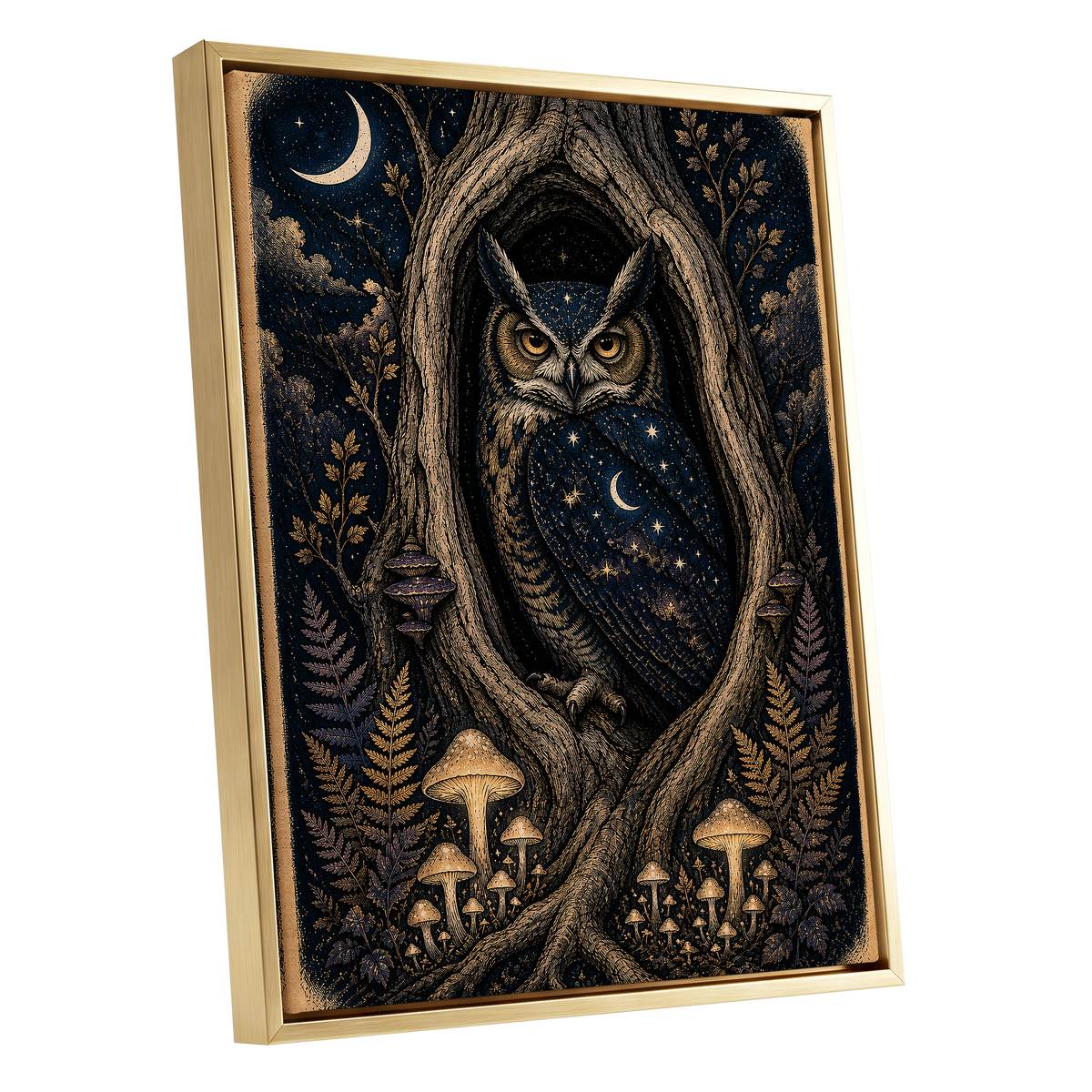 Midnight Owl Hollow, black, blue, gold nature wall art shown as a gold framed canvas wall art