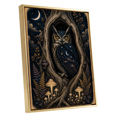 Midnight Owl Hollow, black, blue, gold nature wall art shown as a gold framed canvas wall art