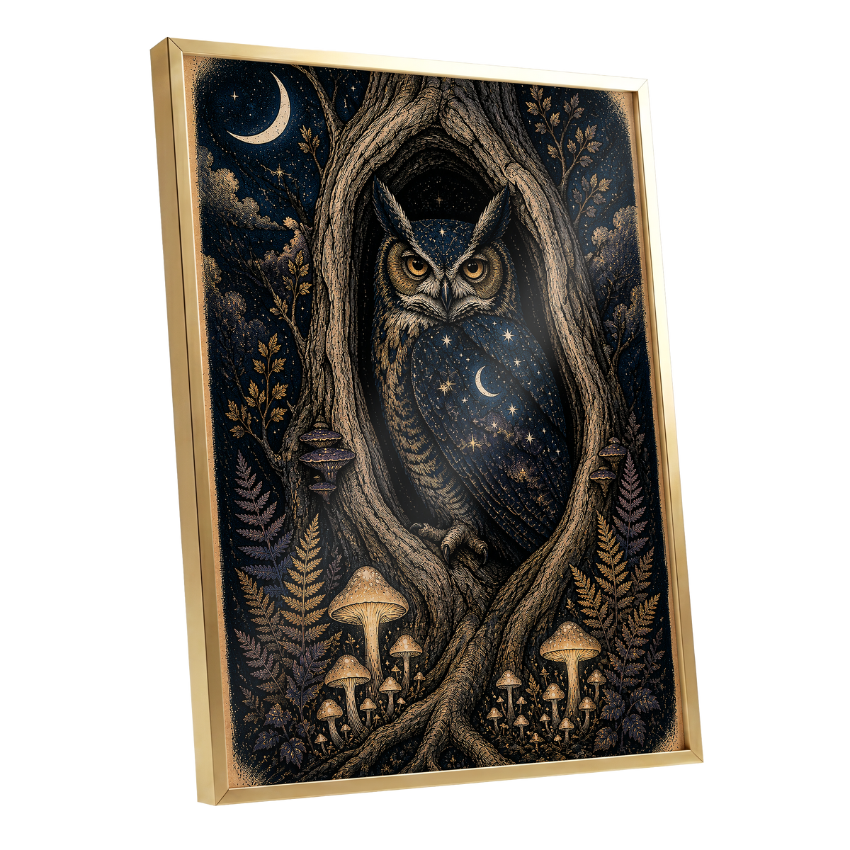 Midnight Owl Hollow, black, blue, gold nature wall art shown as a gold framed poster wall art print