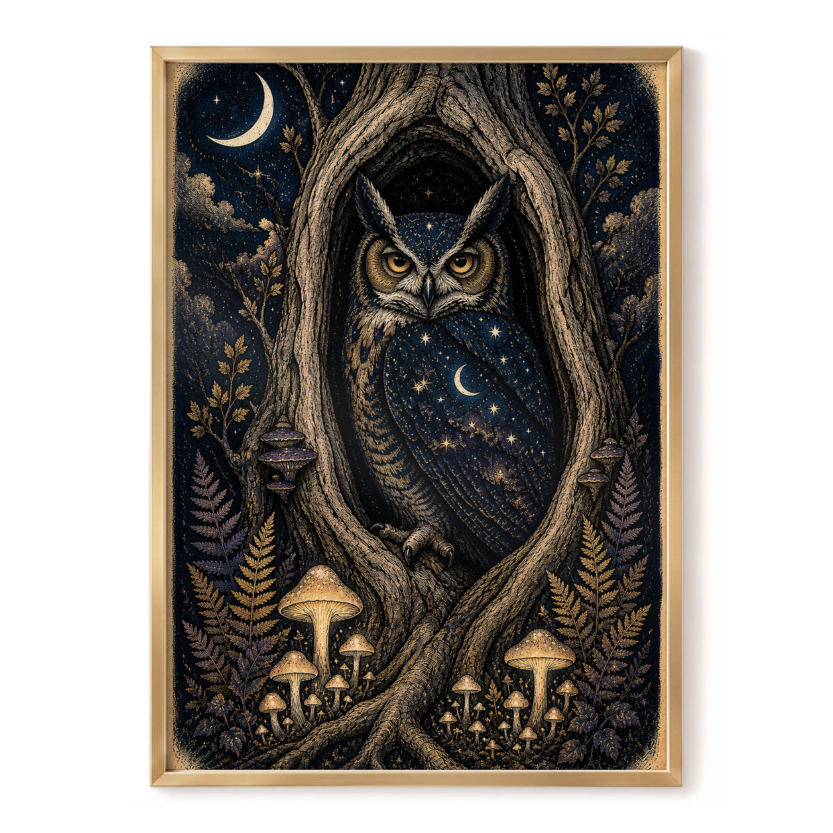 Midnight Owl Hollow, black, blue, gold nature wall art, front artwork view
