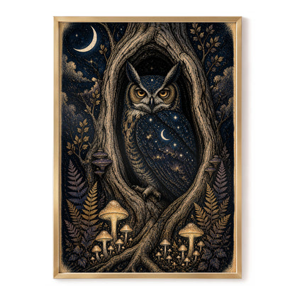 Midnight Owl Hollow, black, blue, gold nature wall art, front artwork view