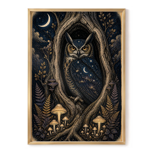 Midnight Owl Hollow, black, blue, gold nature wall art, front artwork view