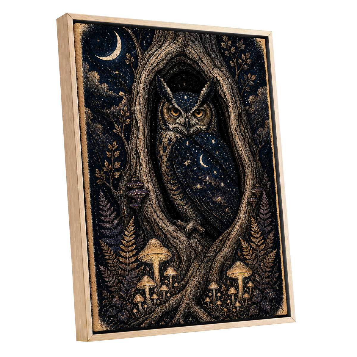 Midnight Owl Hollow, black, blue, gold nature wall art shown as a oak framed canvas wall art