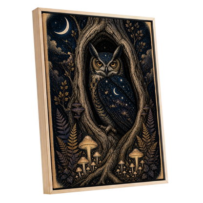Midnight Owl Hollow, black, blue, gold nature wall art shown as a oak framed canvas wall art