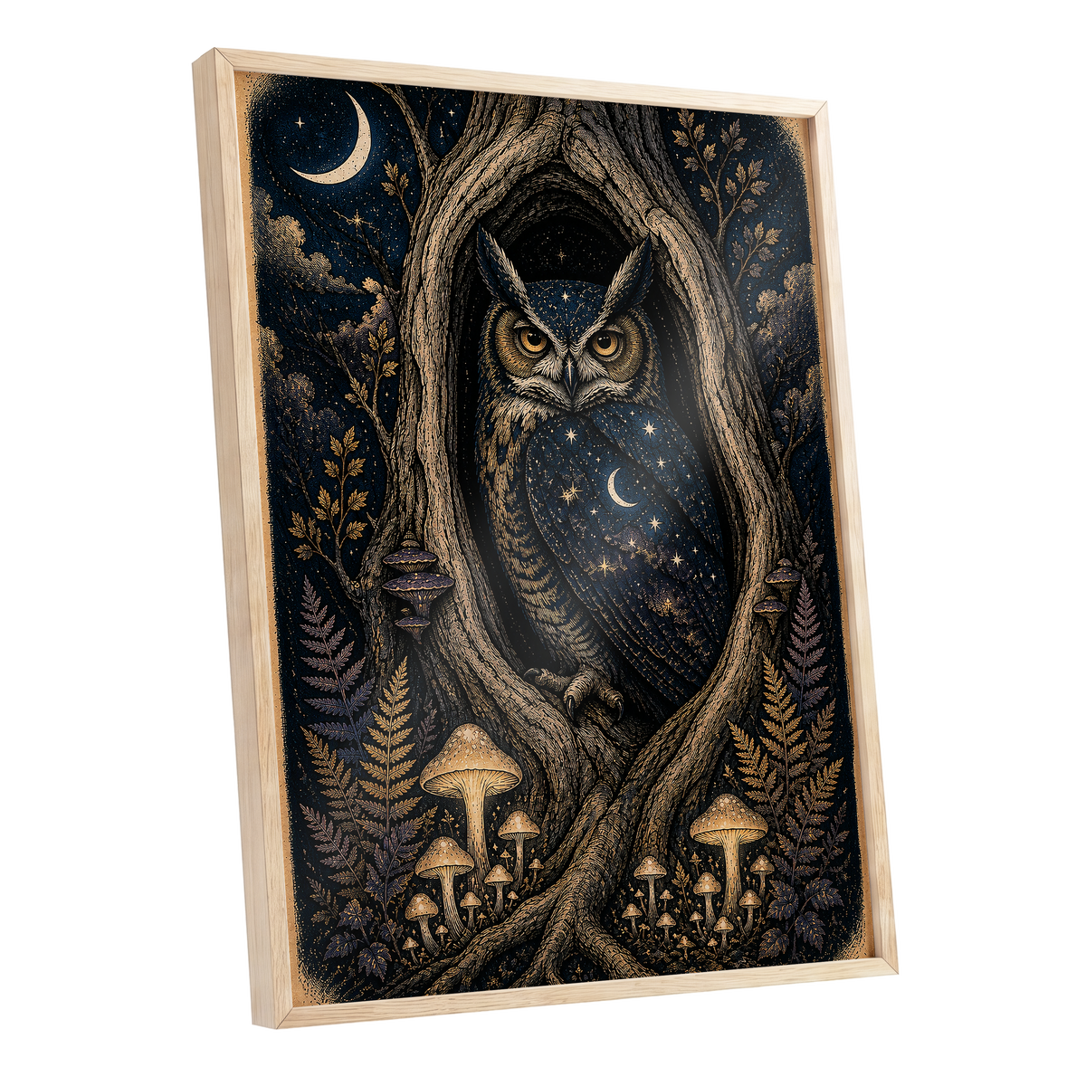 Midnight Owl Hollow, black, blue, gold nature wall art shown as a oak framed poster wall art print