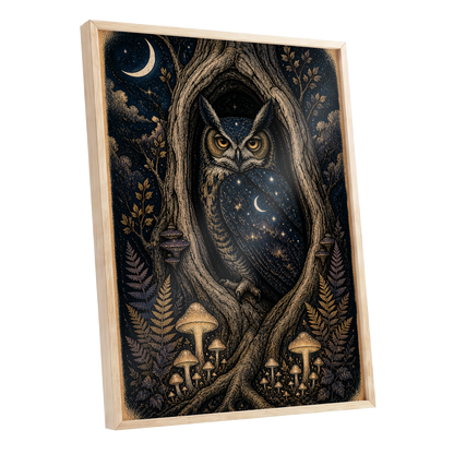 Midnight Owl Hollow, black, blue, gold nature wall art shown as a oak framed poster wall art print