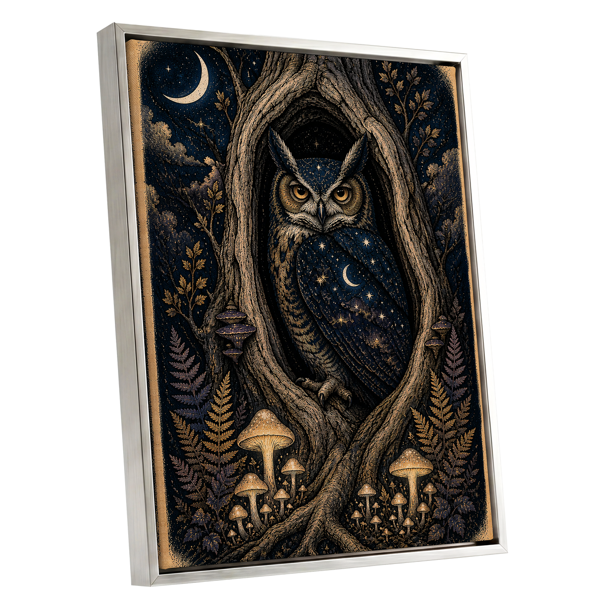 Midnight Owl Hollow, black, blue, gold nature wall art shown as a silver framed canvas wall art