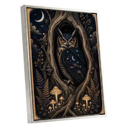 Midnight Owl Hollow, black, blue, gold nature wall art shown as a silver framed canvas wall art