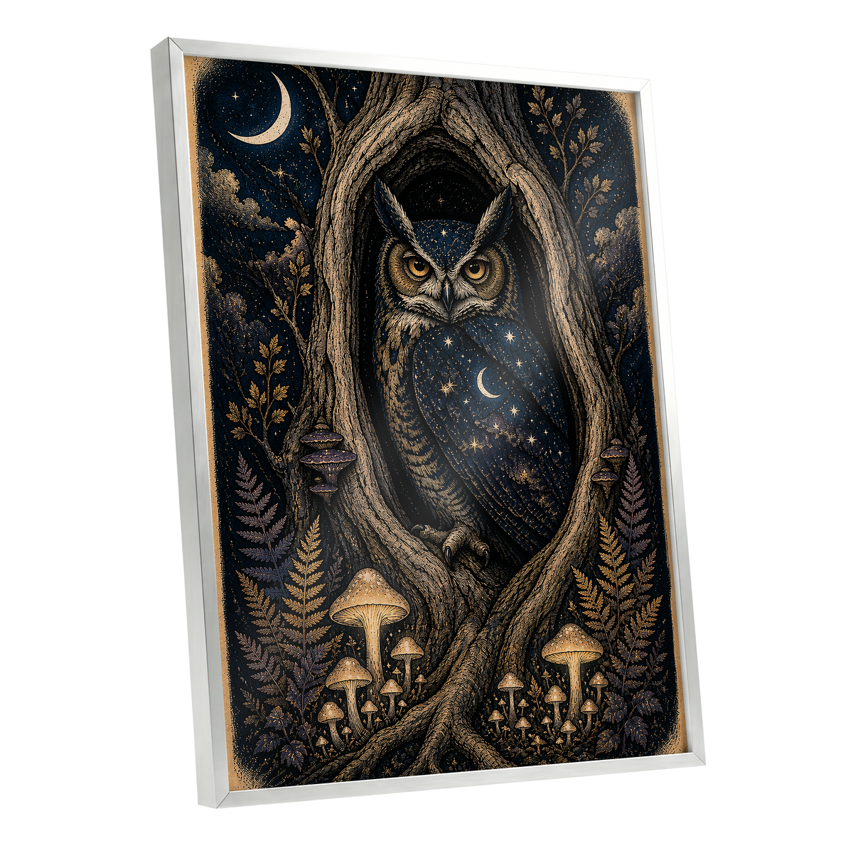 Midnight Owl Hollow, black, blue, gold nature wall art shown as a silver framed poster wall art print