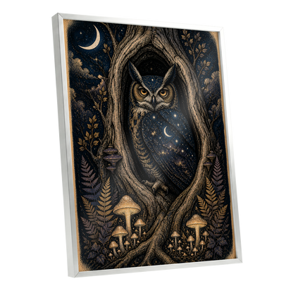 Midnight Owl Hollow, black, blue, gold nature wall art shown as a silver framed poster wall art print