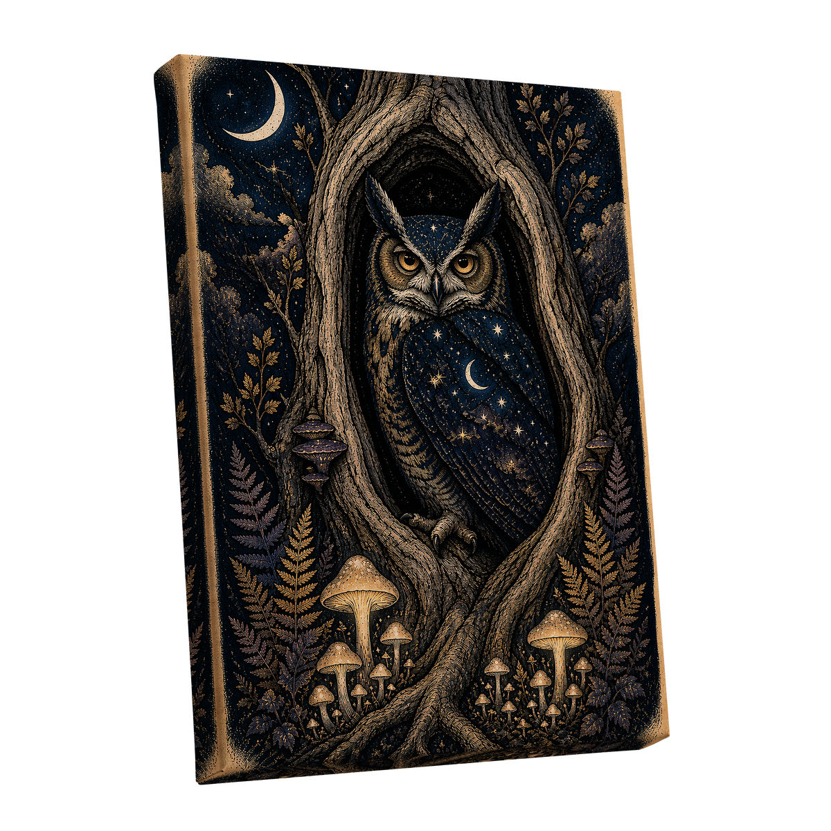 Midnight Owl Hollow, black, blue, gold nature wall art shown as a stretched canvas wall art