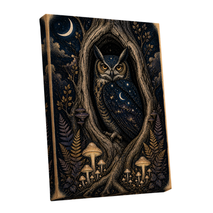 Midnight Owl Hollow, black, blue, gold nature wall art shown as a stretched canvas wall art