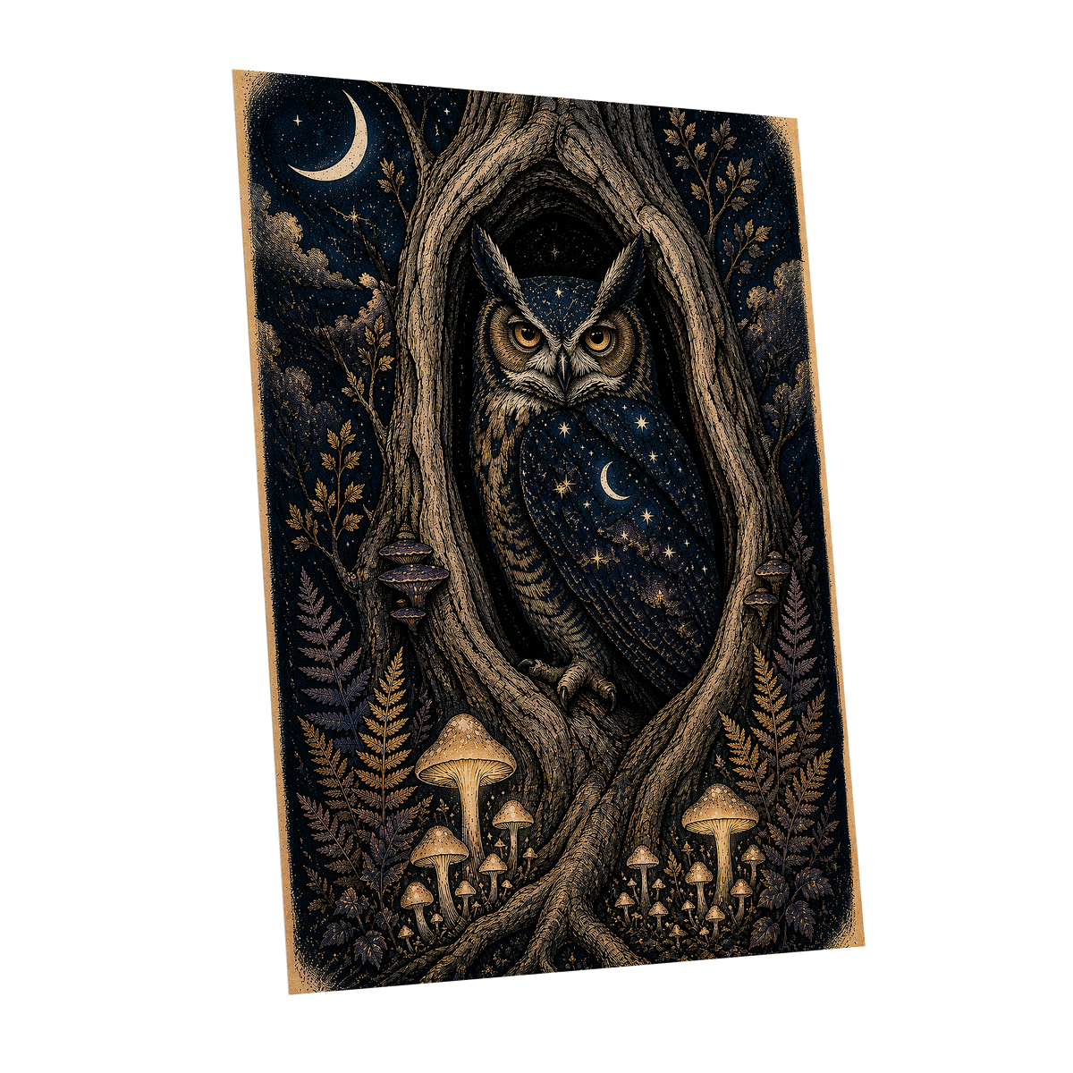 Midnight Owl Hollow, black, blue, gold nature wall art shown as a unframed poster wall art print