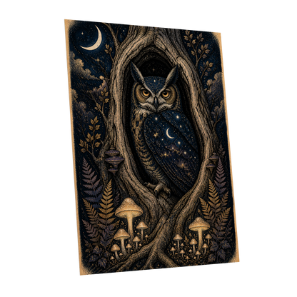 Midnight Owl Hollow, black, blue, gold nature wall art shown as a unframed poster wall art print