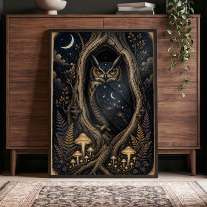 Midnight Owl Hollow, black, blue, gold nature wall art displayed in a styled interior, gallery view 2