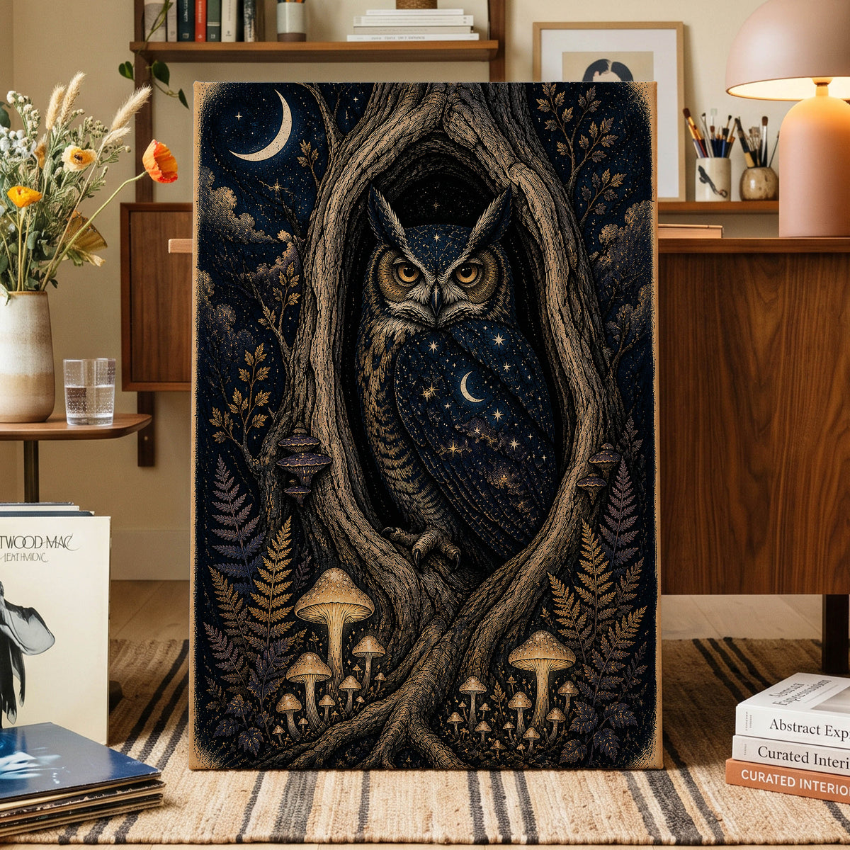 Midnight Owl Hollow, black, blue, gold nature wall art displayed in a styled interior, gallery view 3