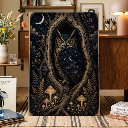 Midnight Owl Hollow, black, blue, gold nature wall art displayed in a styled interior, gallery view 3