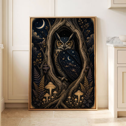 Midnight Owl Hollow, black, blue, gold nature wall art displayed in a styled interior, gallery view 4