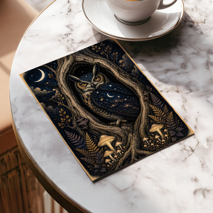 Midnight Owl Hollow, black, blue, gold nature wall art displayed in a styled interior, gallery view 5