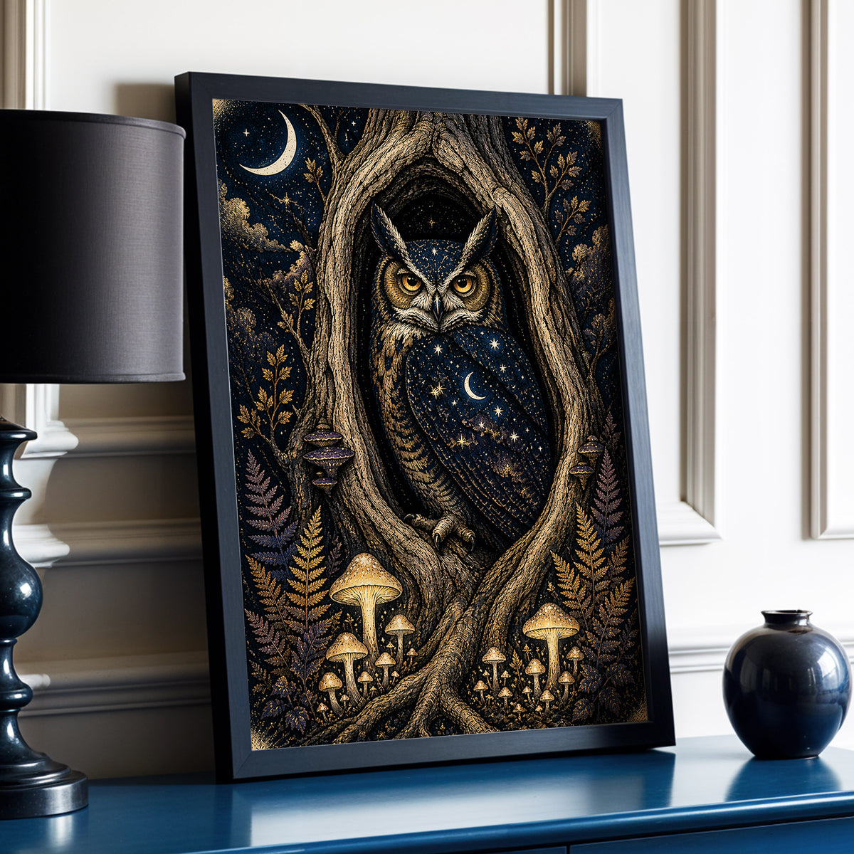 Midnight Owl Hollow, black, blue, gold nature wall art displayed in a styled interior, gallery view 6