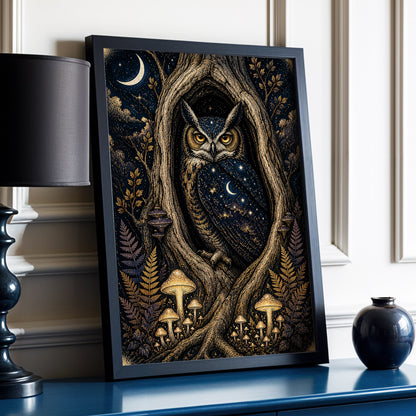Midnight Owl Hollow, black, blue, gold nature wall art displayed in a styled interior, gallery view 6