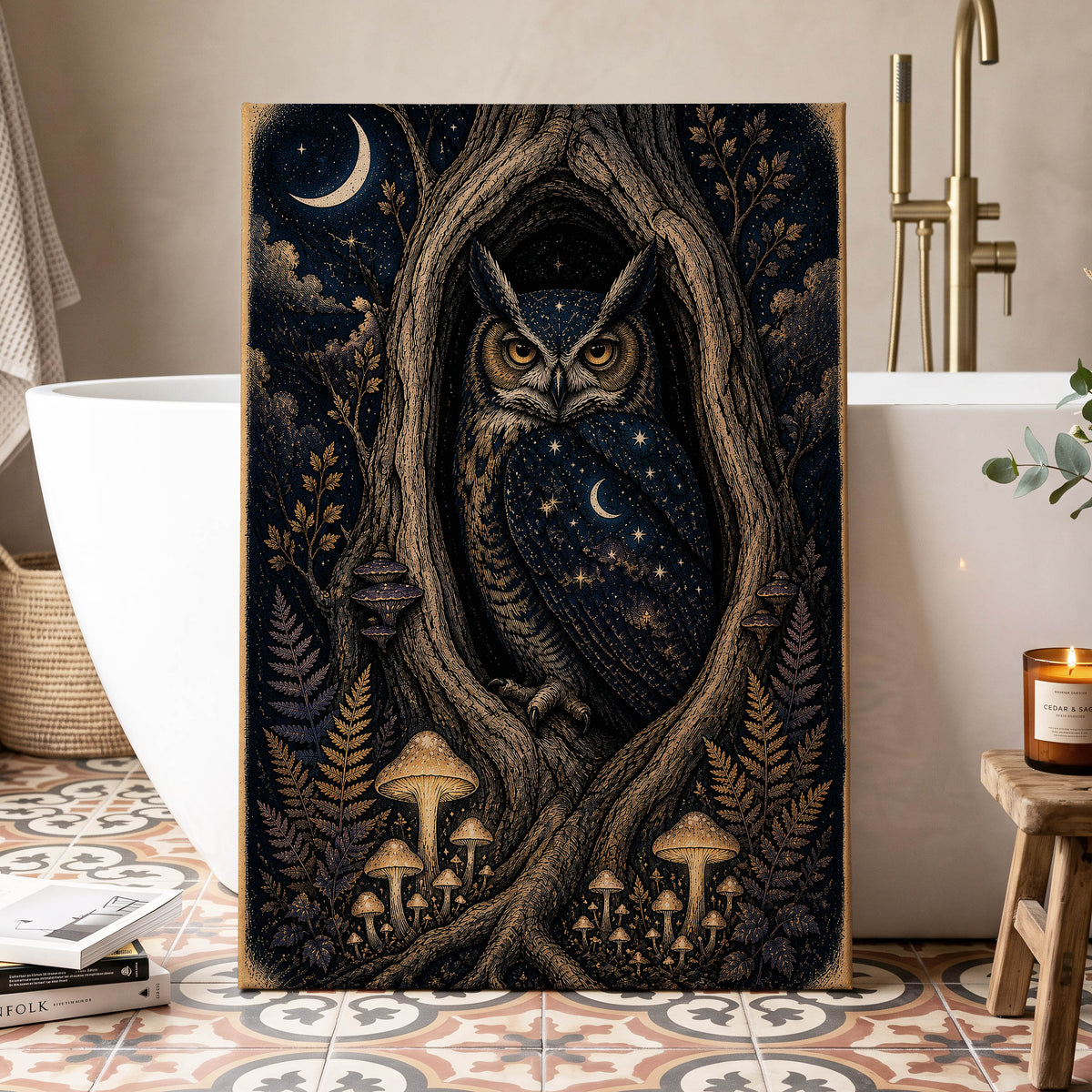 Midnight Owl Hollow, black, blue, gold nature wall art displayed in a styled interior, gallery view 7