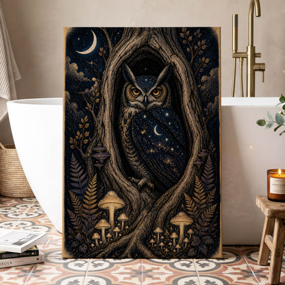 Midnight Owl Hollow, black, blue, gold nature wall art displayed in a styled interior, gallery view 7