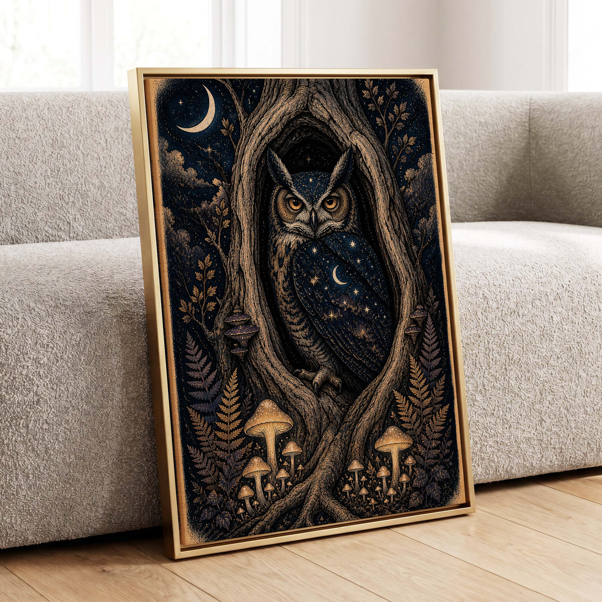 Midnight Owl Hollow, black, blue, gold nature wall art displayed in a styled interior, gallery view 8