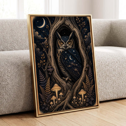 Midnight Owl Hollow, black, blue, gold nature wall art displayed in a styled interior, gallery view 8