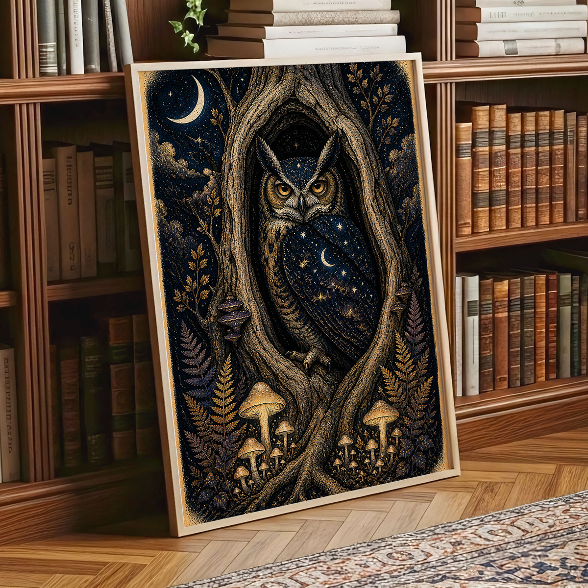 Midnight Owl Hollow, black, blue, gold nature wall art displayed in a styled interior, gallery view 9