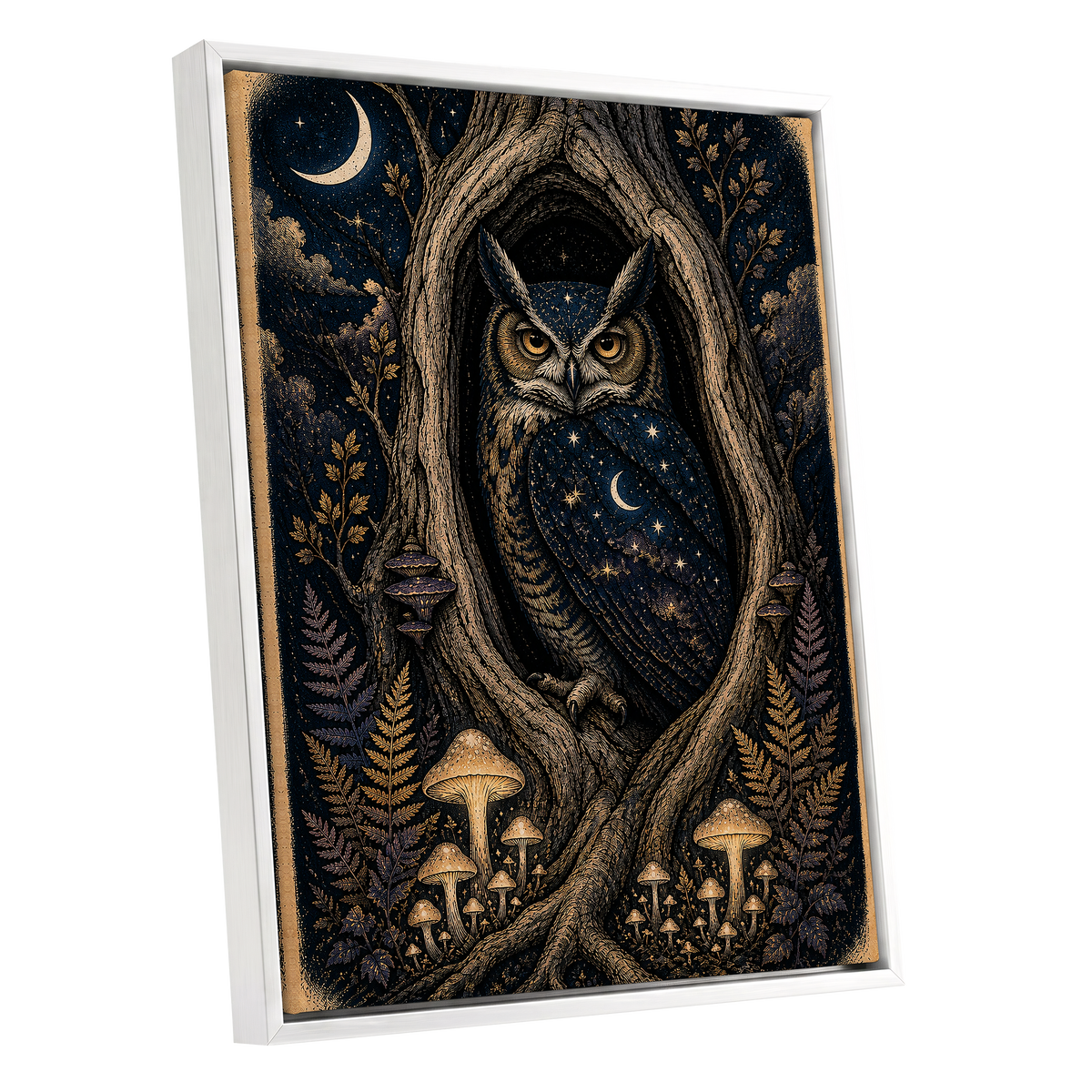 Midnight Owl Hollow, black, blue, gold nature wall art shown as a white framed canvas wall art