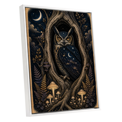 Midnight Owl Hollow, black, blue, gold nature wall art shown as a white framed canvas wall art