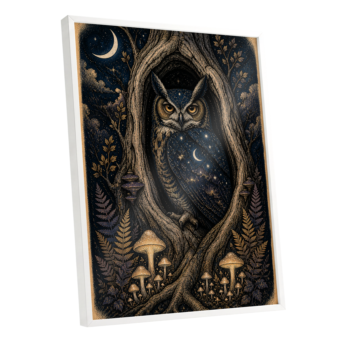 Midnight Owl Hollow, black, blue, gold nature wall art shown as a white framed poster wall art print
