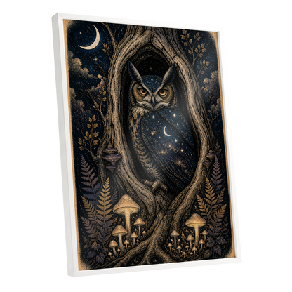 Midnight Owl Hollow, black, blue, gold nature wall art shown as a white framed poster wall art print