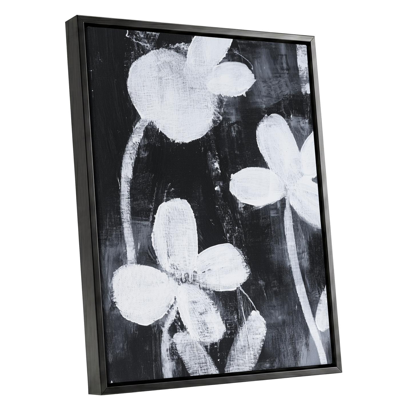 Midnight Petal Study, black, white, gray floral wall art shown as a black framed canvas wall art