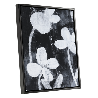 Midnight Petal Study, black, white, gray floral wall art shown as a black framed canvas wall art