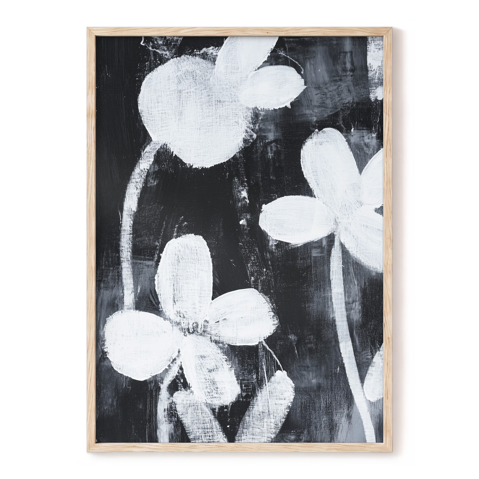 Midnight Petal Study, black, white, gray floral wall art, front artwork view