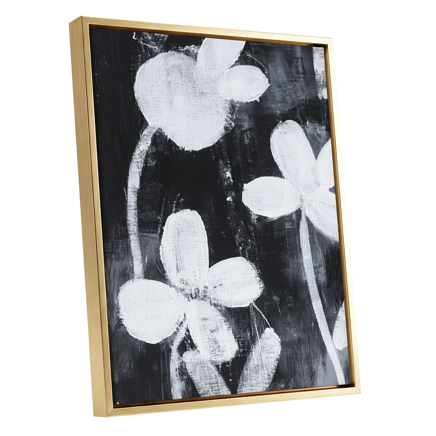Midnight Petal Study, black, white, gray floral wall art shown as a gold framed canvas wall art