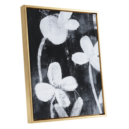 Midnight Petal Study, black, white, gray floral wall art shown as a gold framed canvas wall art