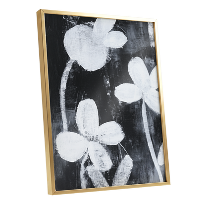 Midnight Petal Study, black, white, gray floral wall art shown as a gold framed poster wall art print