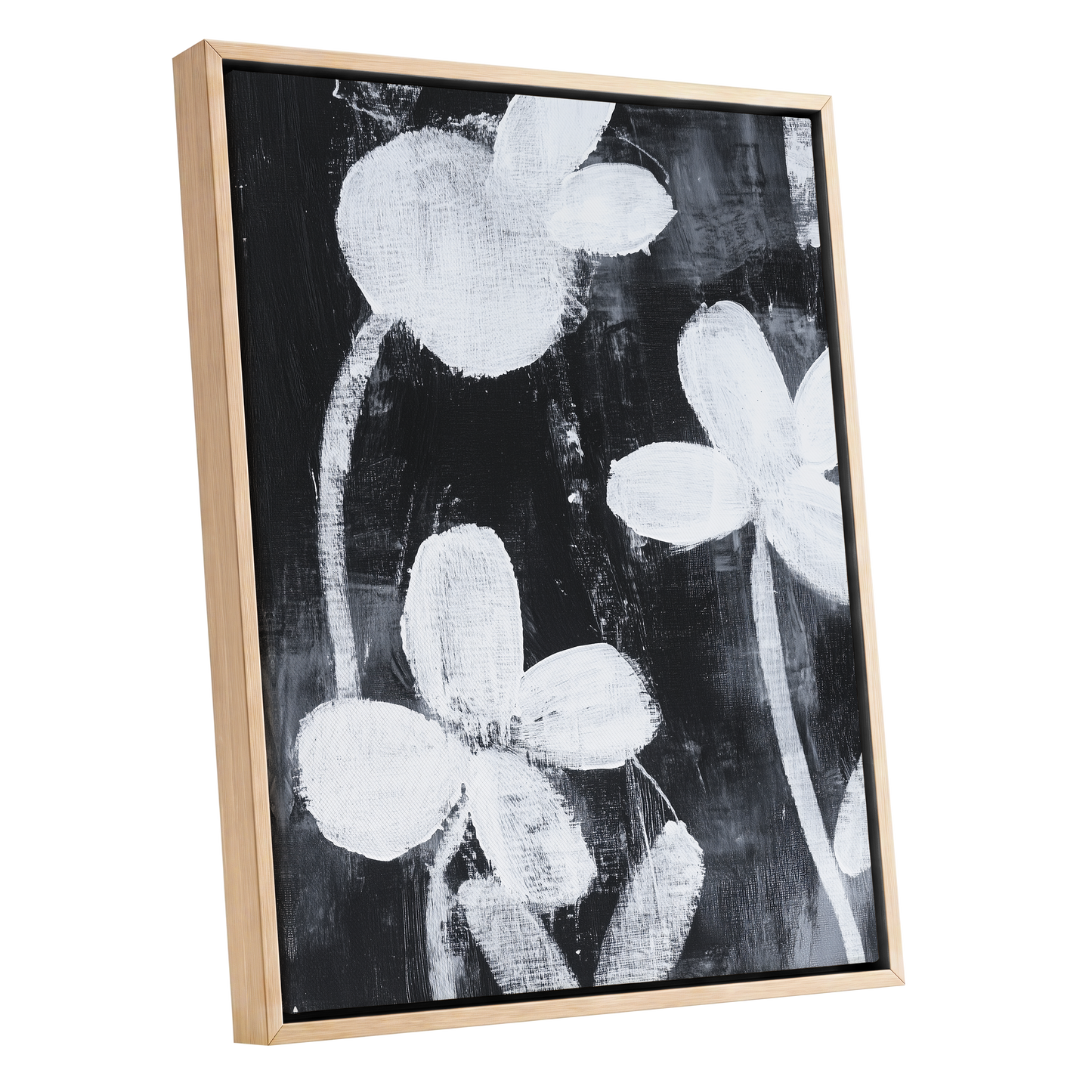 Midnight Petal Study, black, white, gray floral wall art shown as a oak framed canvas wall art