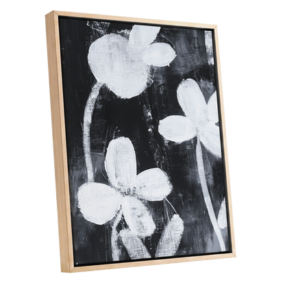 Midnight Petal Study, black, white, gray floral wall art shown as a oak framed canvas wall art