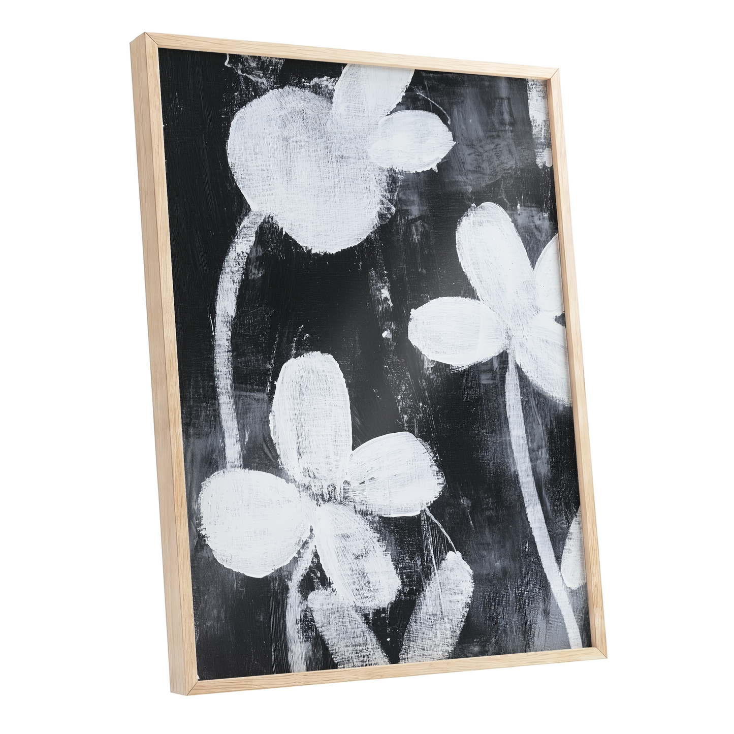 Midnight Petal Study, black, white, gray floral wall art shown as a oak framed poster wall art print