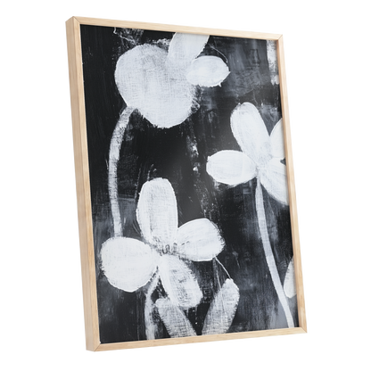 Midnight Petal Study, black, white, gray floral wall art shown as a oak framed poster wall art print
