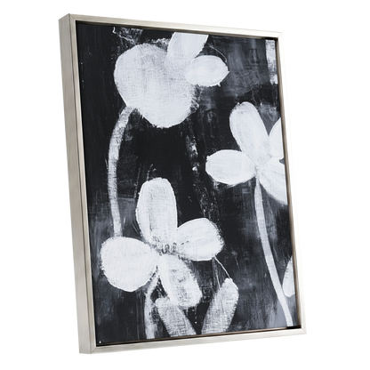 Midnight Petal Study, black, white, gray floral wall art shown as a silver framed canvas wall art