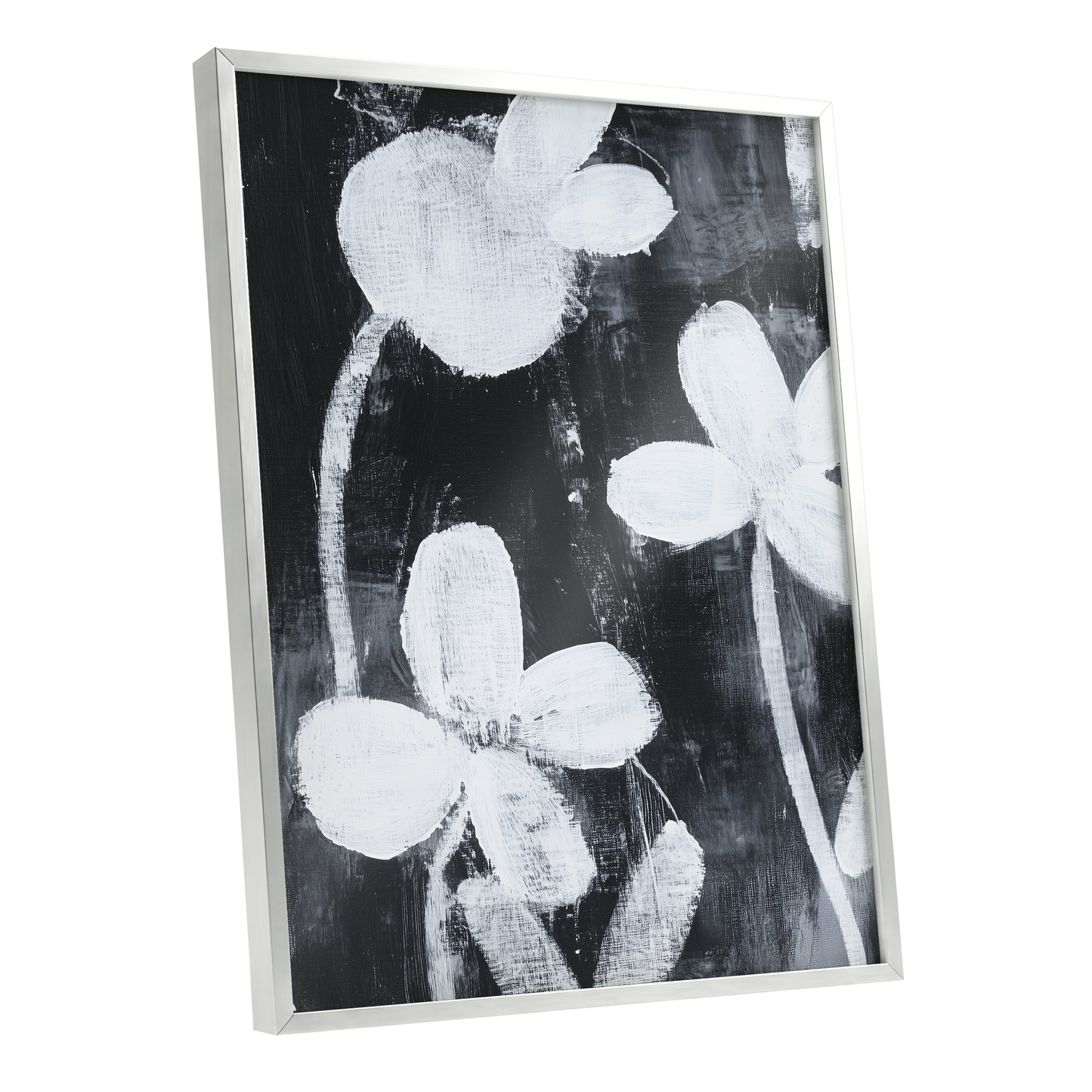 Midnight Petal Study, black, white, gray floral wall art shown as a silver framed poster wall art print