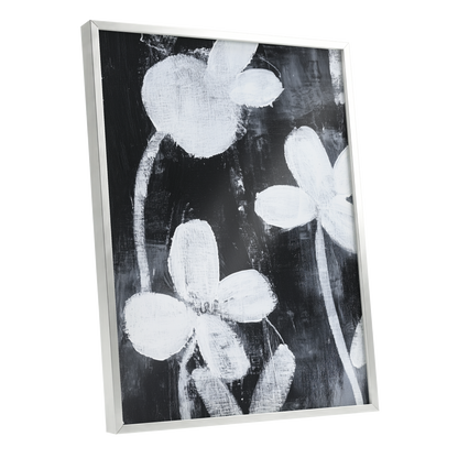 Midnight Petal Study, black, white, gray floral wall art shown as a silver framed poster wall art print