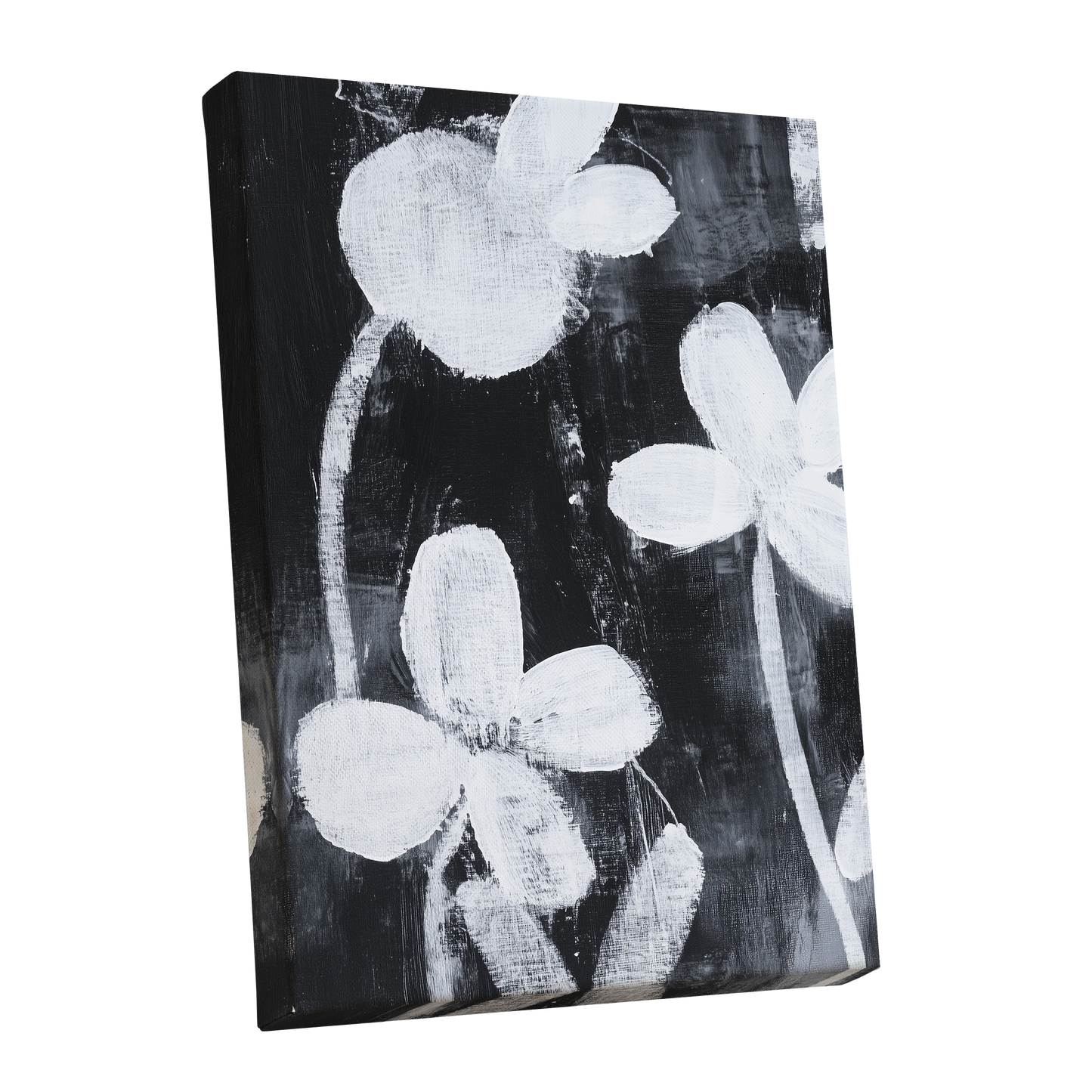 Midnight Petal Study, black, white, gray floral wall art shown as a stretched canvas wall art