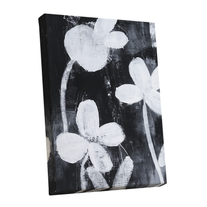 Midnight Petal Study, black, white, gray floral wall art shown as a stretched canvas wall art